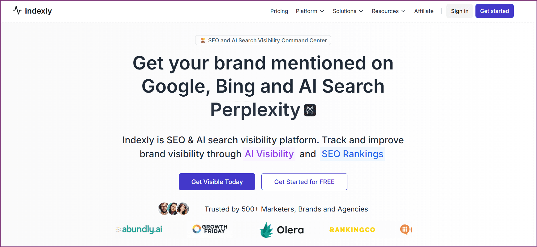 Indexly dashboard showing SEO and AI visibility metrics