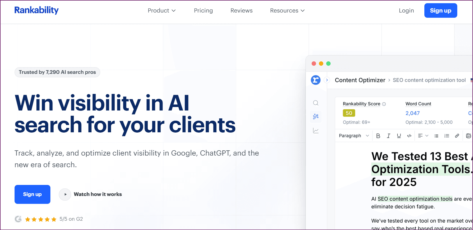Rankability dashboard showing content optimization interface