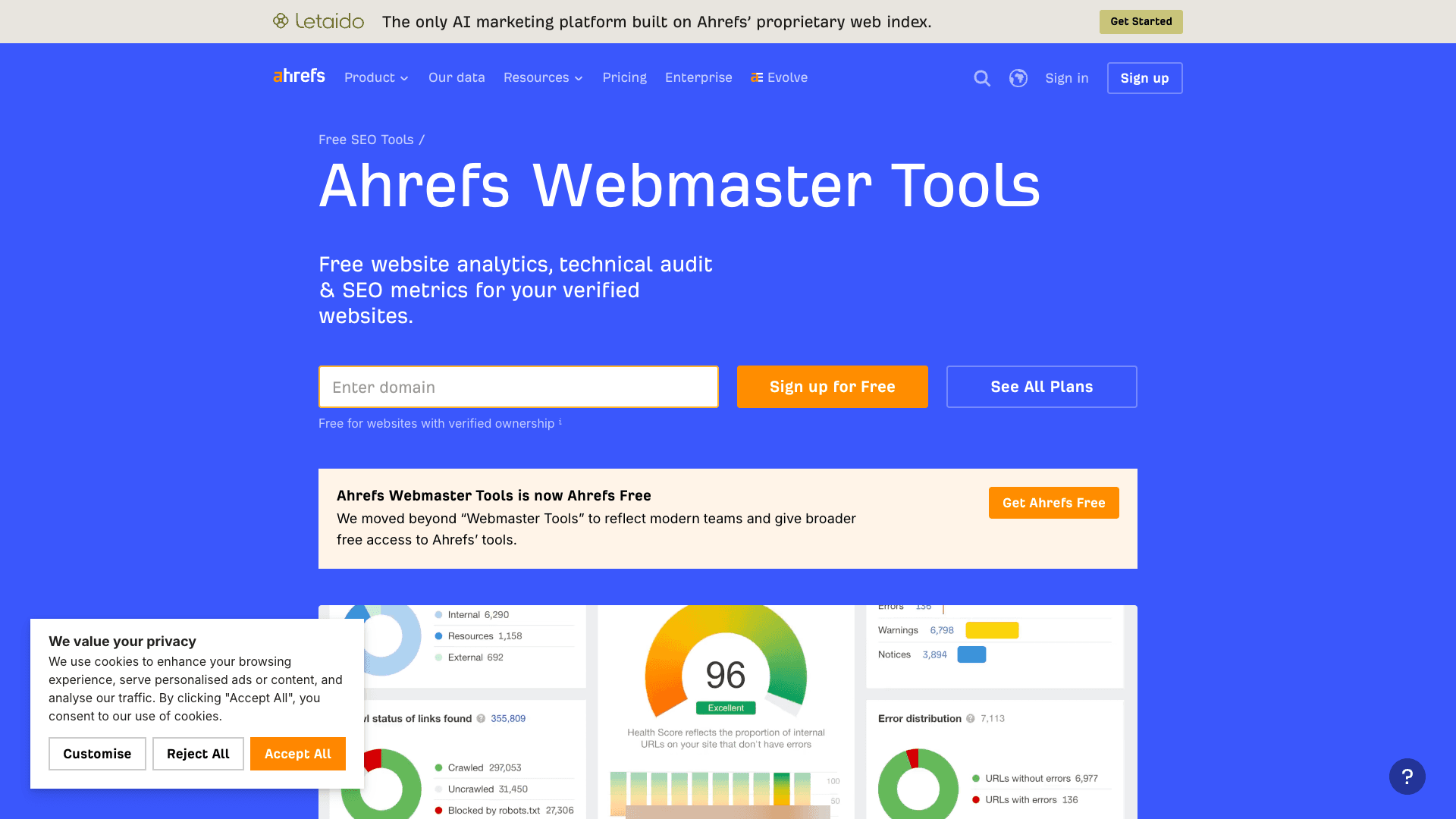 Ahrefs Webmaster Tools backlink analysis interface screenshot