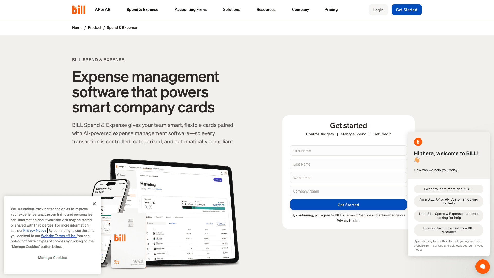 BILL Spend & Expense homepage screenshot