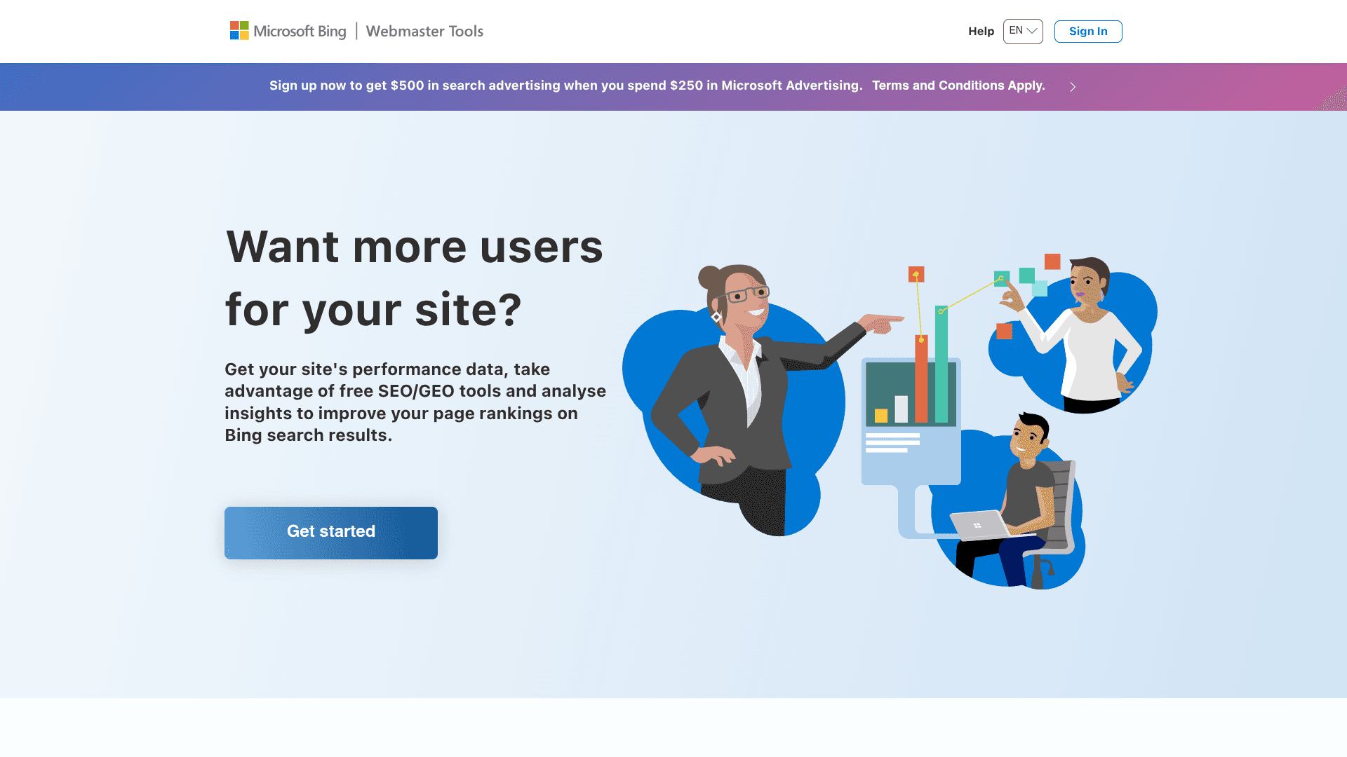 Bing Webmaster Tools homepage screenshot
