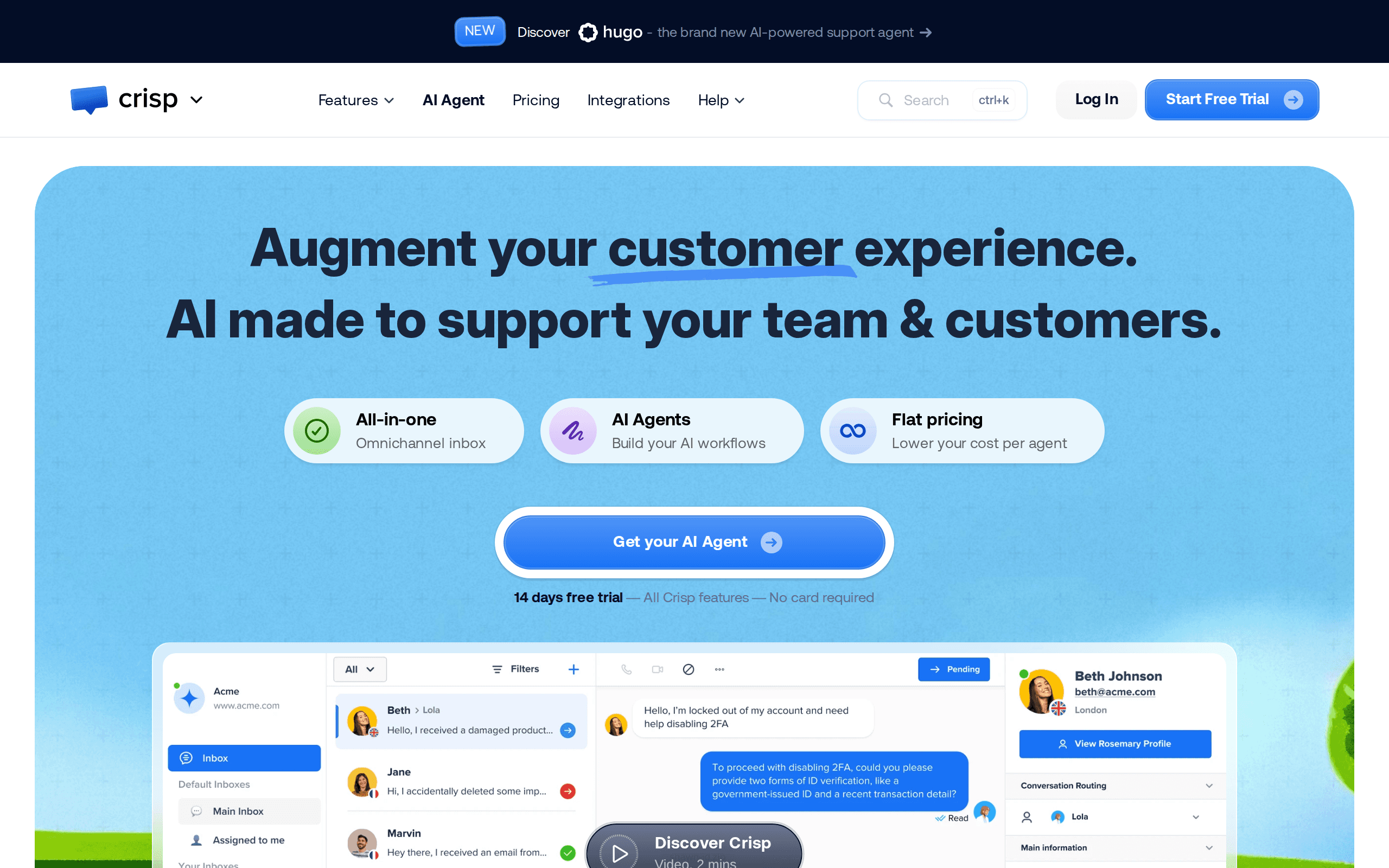 Crisp homepage — Best Budget AI Live Chat AI customer support tool