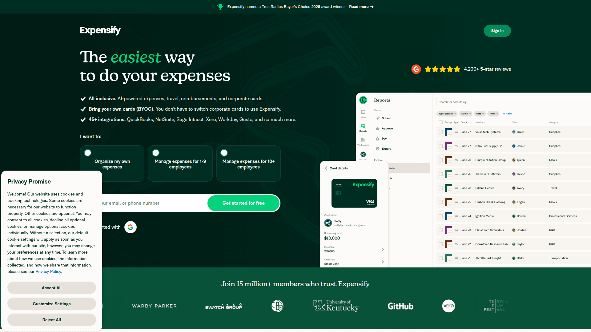 Expensify homepage screenshot