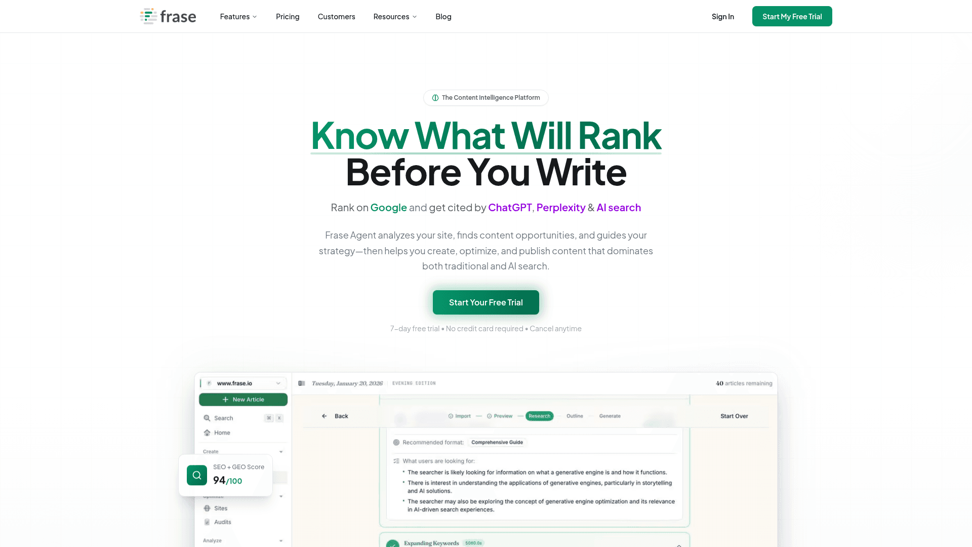 Frase content brief and topic score editor screenshot