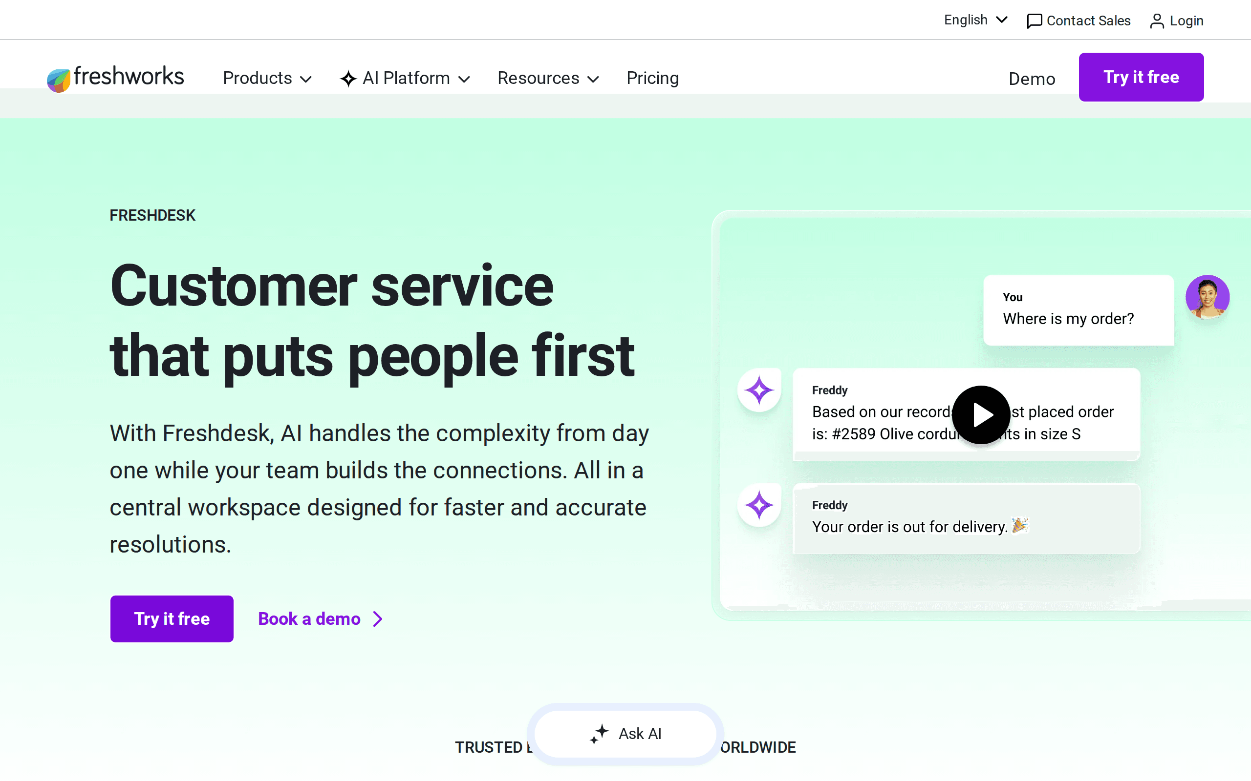 Freshworks (Freddy AI) homepage — Best Value All-in-One AI customer support tool