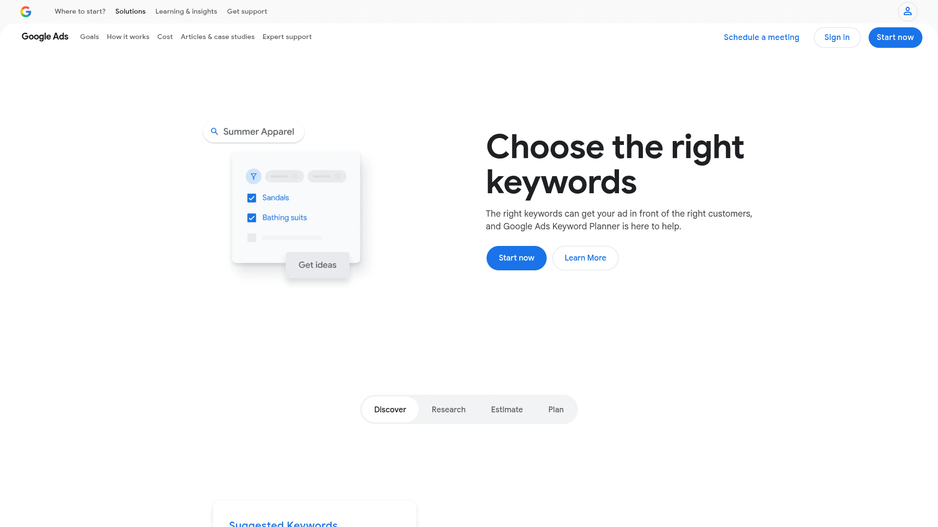 Google Keyword Planner homepage screenshot