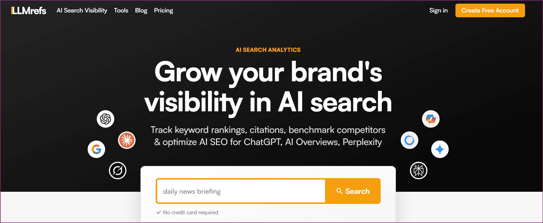 LLMRefs dashboard showing AI search visibility metrics