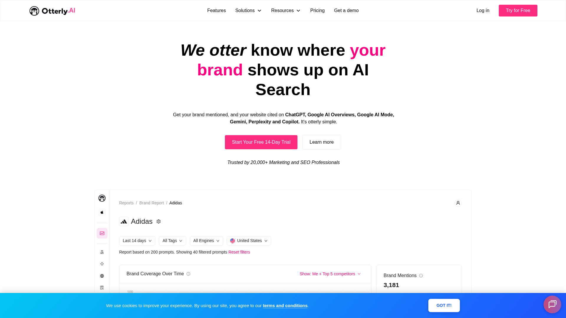 Otterly AI dashboard showing AI search visibility metrics