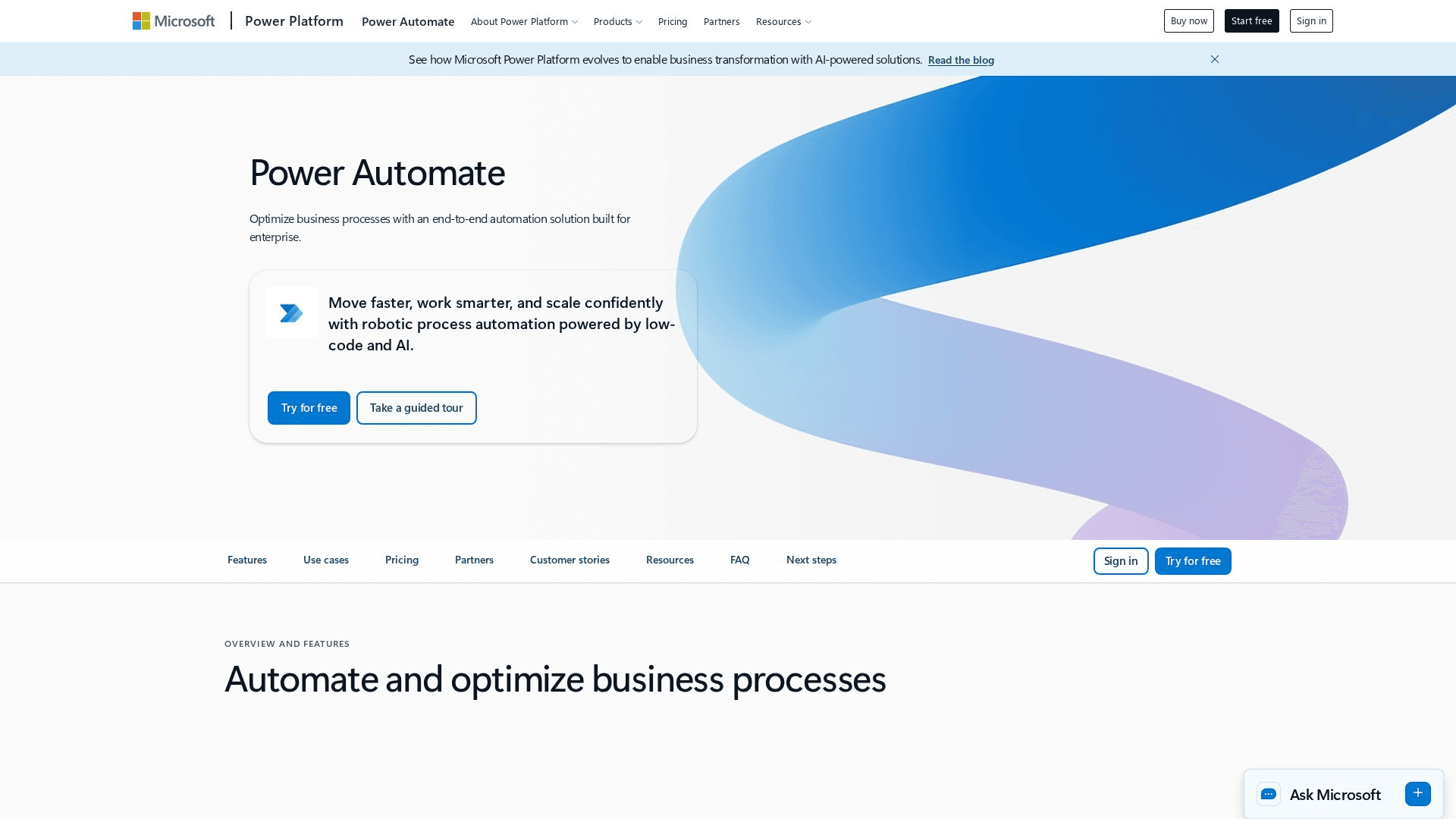 Microsoft Power Automate homepage screenshot