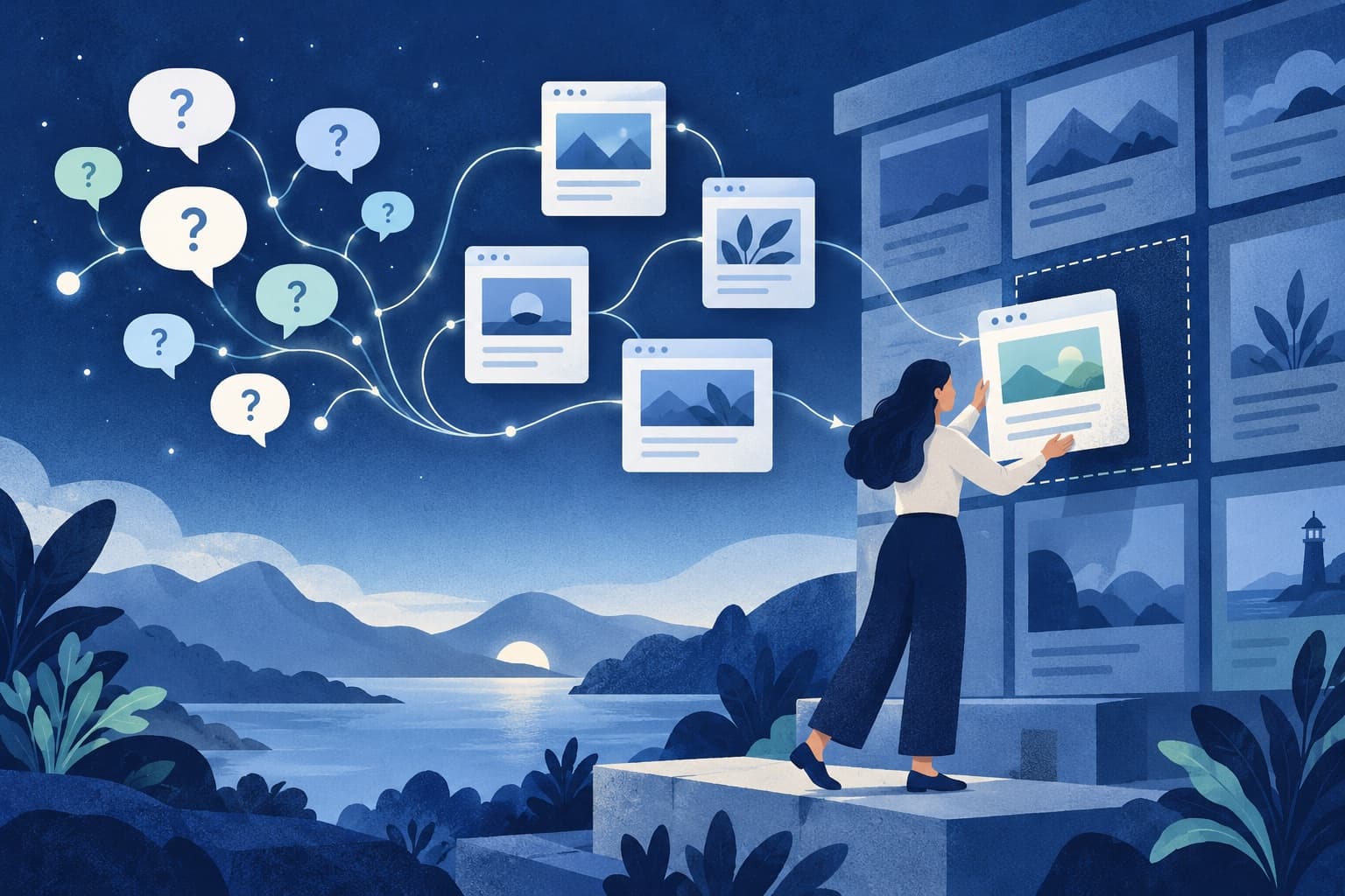 Illustration of buyer questions branching into cited pages and an editor filling a missing content page