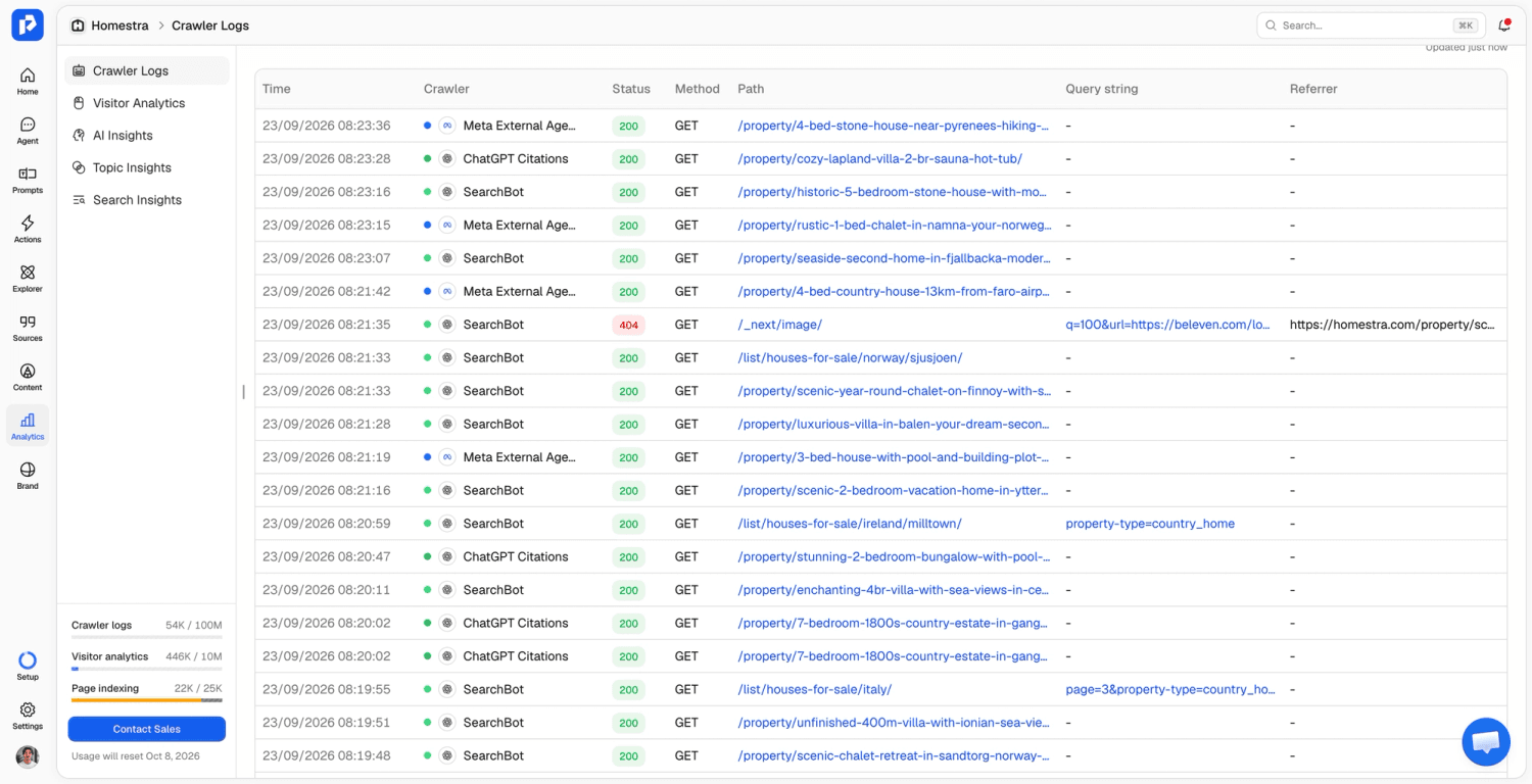 Promptwatch crawler logs view with bot, status, path, query string, and referrer columns