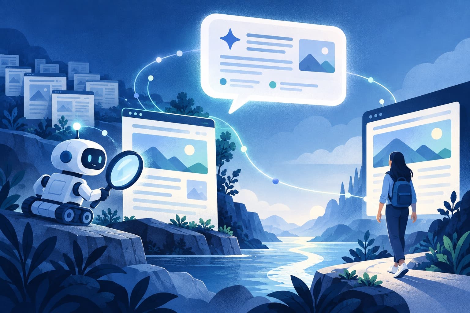 Illustration of an AI answer, cited pages, an AI crawler, and a human visitor as related signals