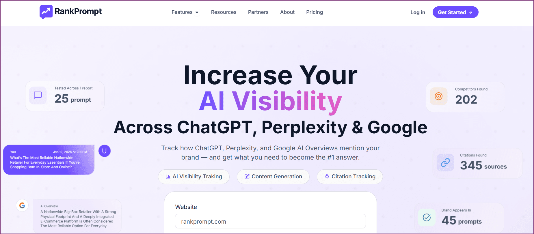 RankPrompt dashboard showing AI visibility tracking