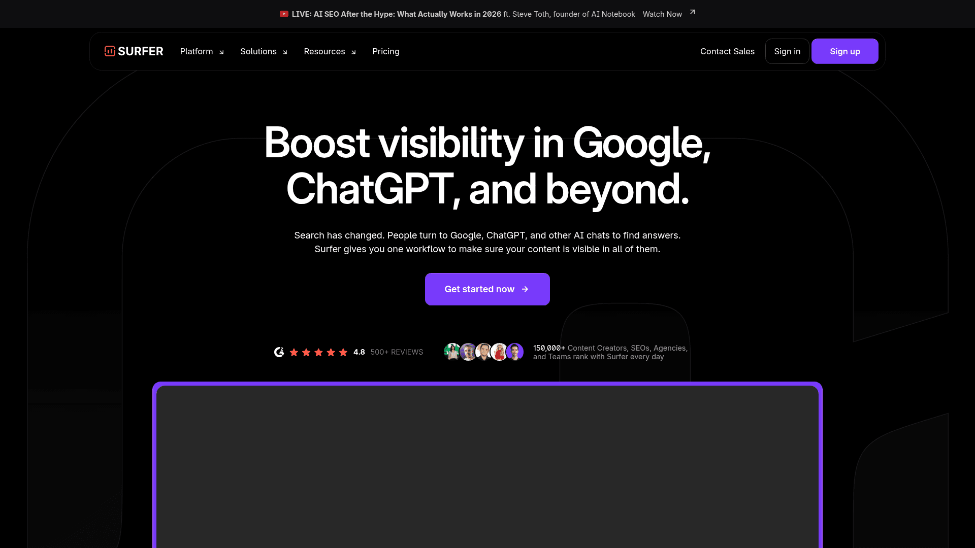 Surfer SEO dashboard screenshot