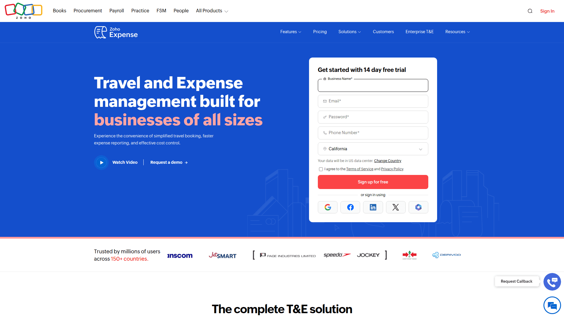 Zoho Expense homepage screenshot